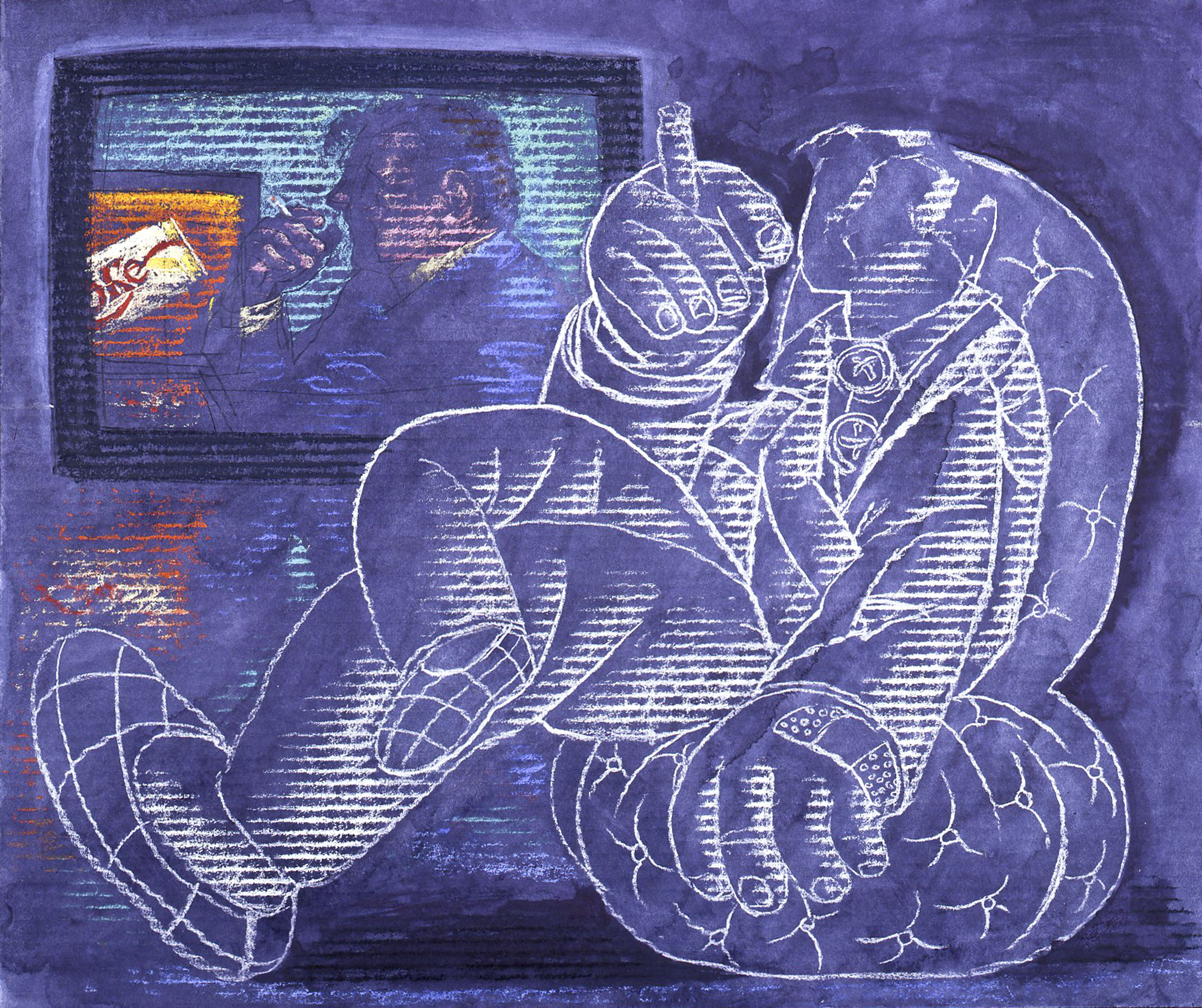 1994-commercial-break-casein-charcoal-pastel-on-board-51x60-7-cm